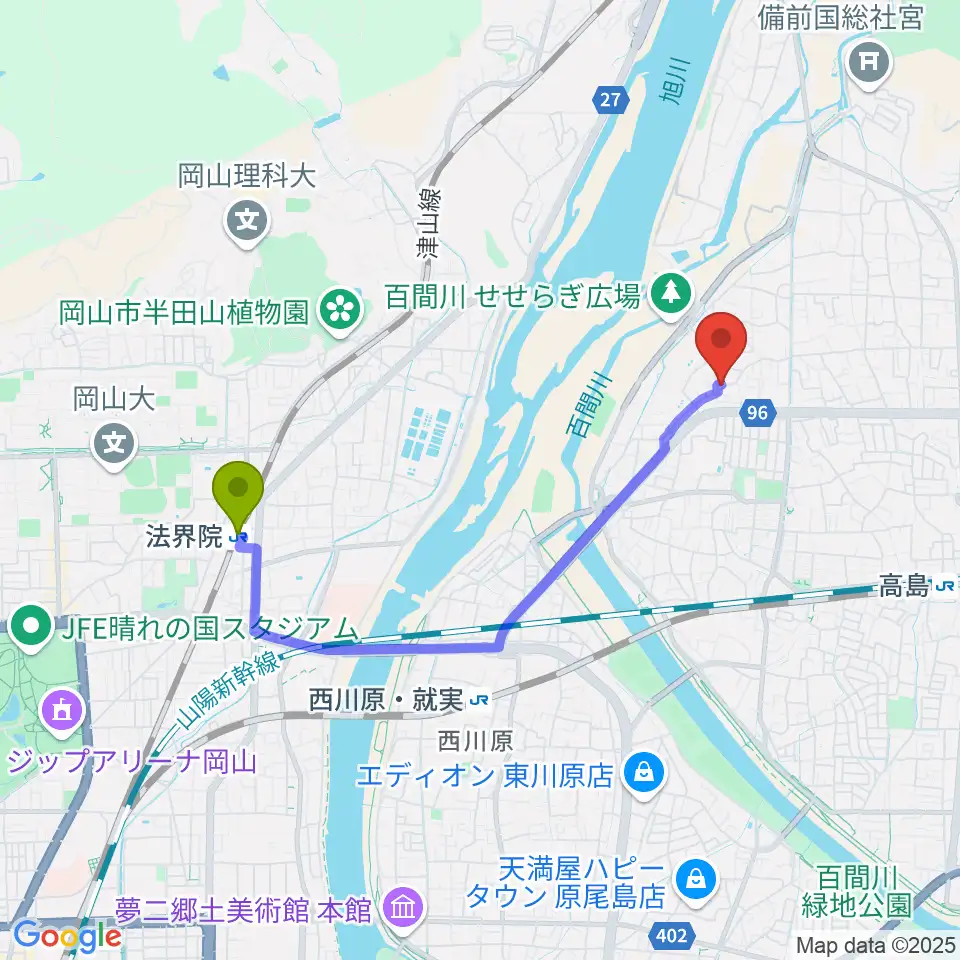 法界院駅から加藤楽器音楽教室へのルートマップ地図