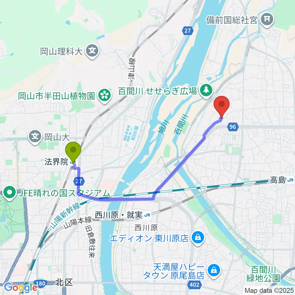 法界院駅から加藤楽器音楽教室へのルートマップ地図