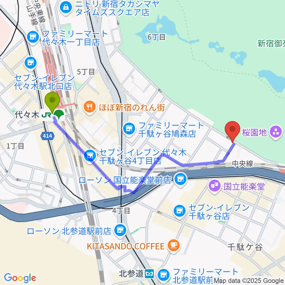 代々木駅からイル・ヴィオリーノ・マジコへのルートマップ地図