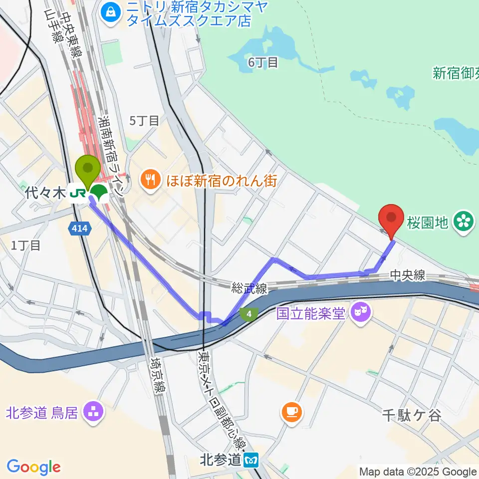 代々木駅からイル・ヴィオリーノ・マジコへのルートマップ地図
