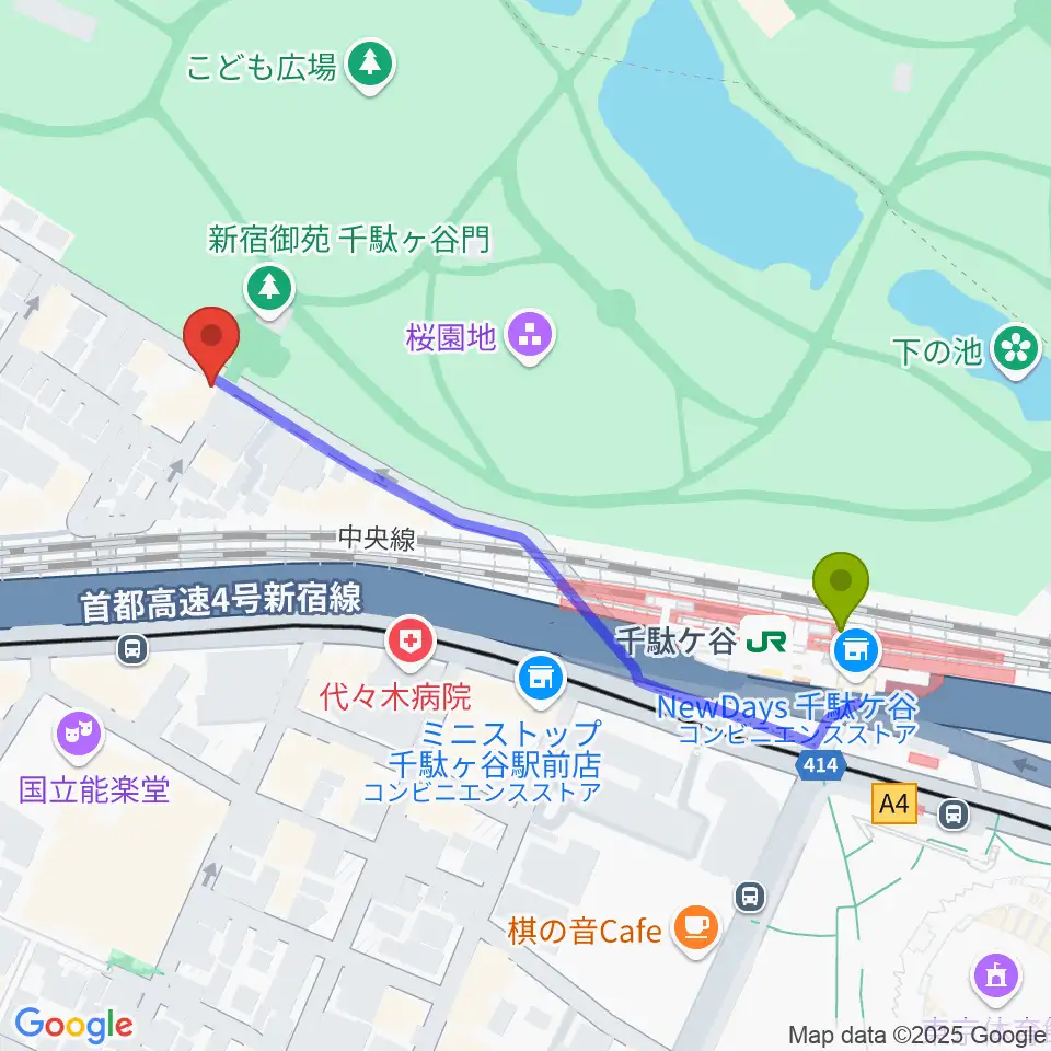 イル・ヴィオリーノ・マジコの最寄駅千駄ケ谷駅からの徒歩ルート（約5分）地図