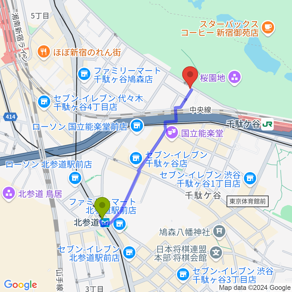 北参道駅からイル・ヴィオリーノ・マジコへのルートマップ地図