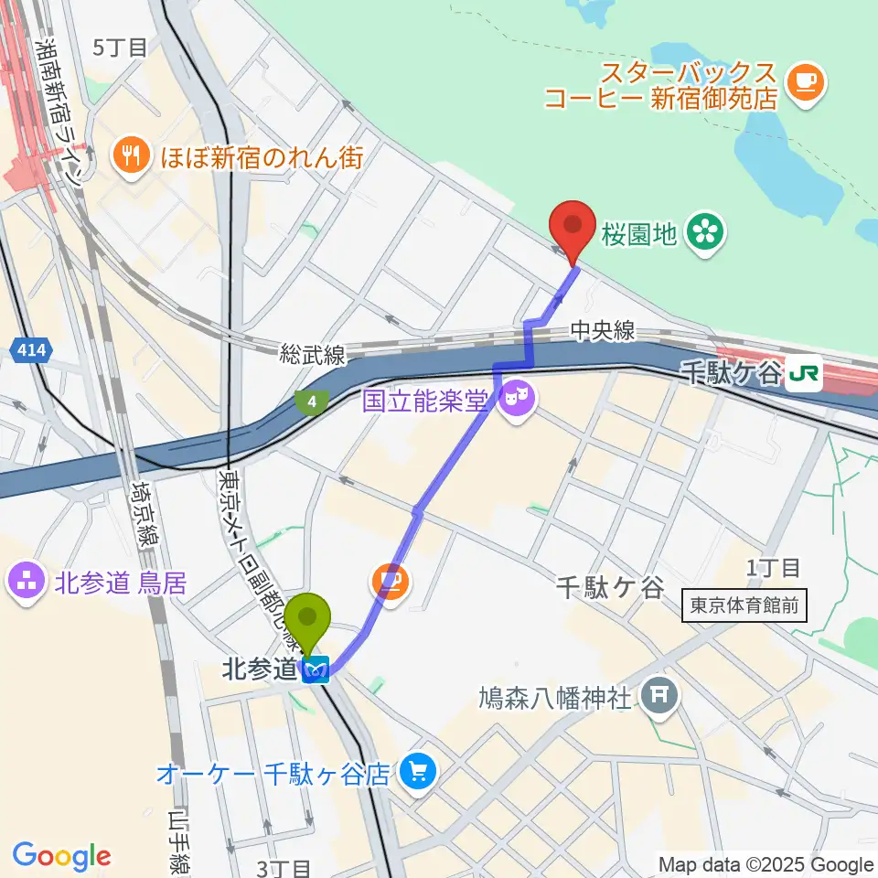北参道駅からイル・ヴィオリーノ・マジコへのルートマップ地図