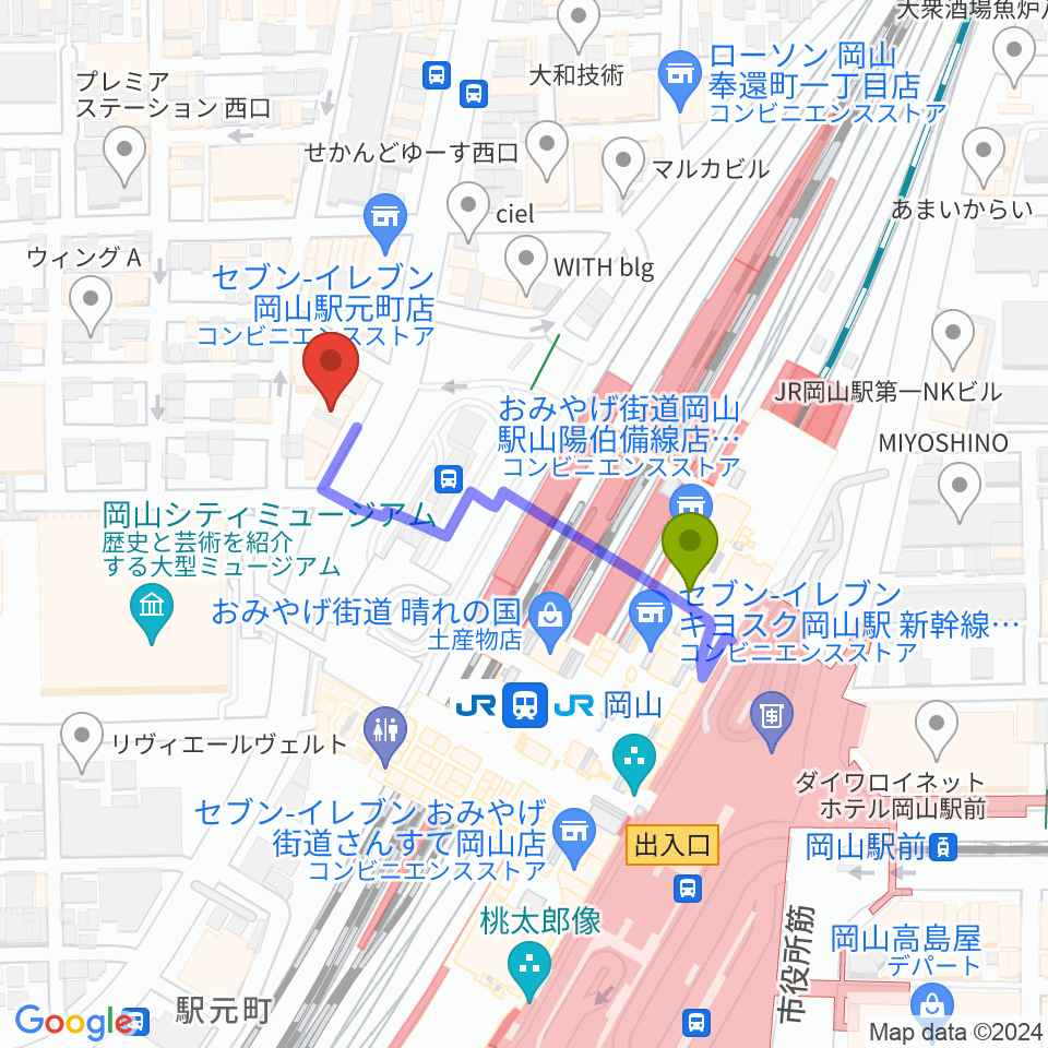 岡山新堀ギター音楽院 の最寄駅岡山駅からの徒歩ルート（約3分）地図