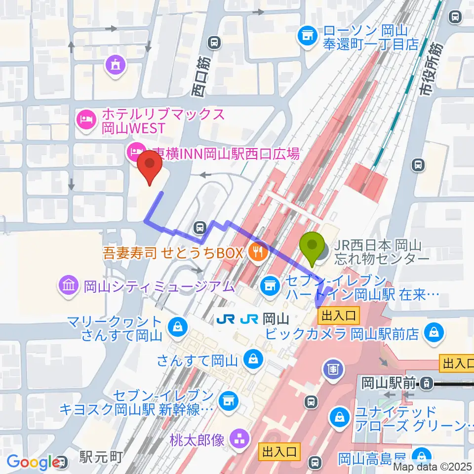 岡山新堀ギター音楽院 の最寄駅岡山駅からの徒歩ルート（約3分）地図