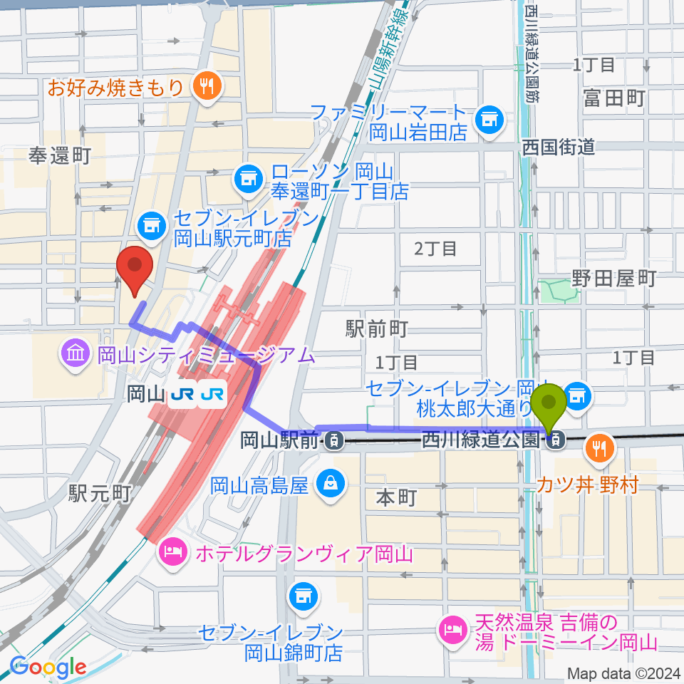 西川緑道公園駅から岡山新堀ギター音楽院 へのルートマップ地図