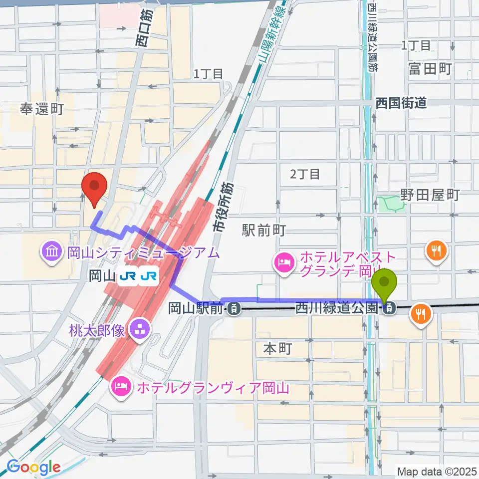 西川緑道公園駅から岡山新堀ギター音楽院 へのルートマップ地図