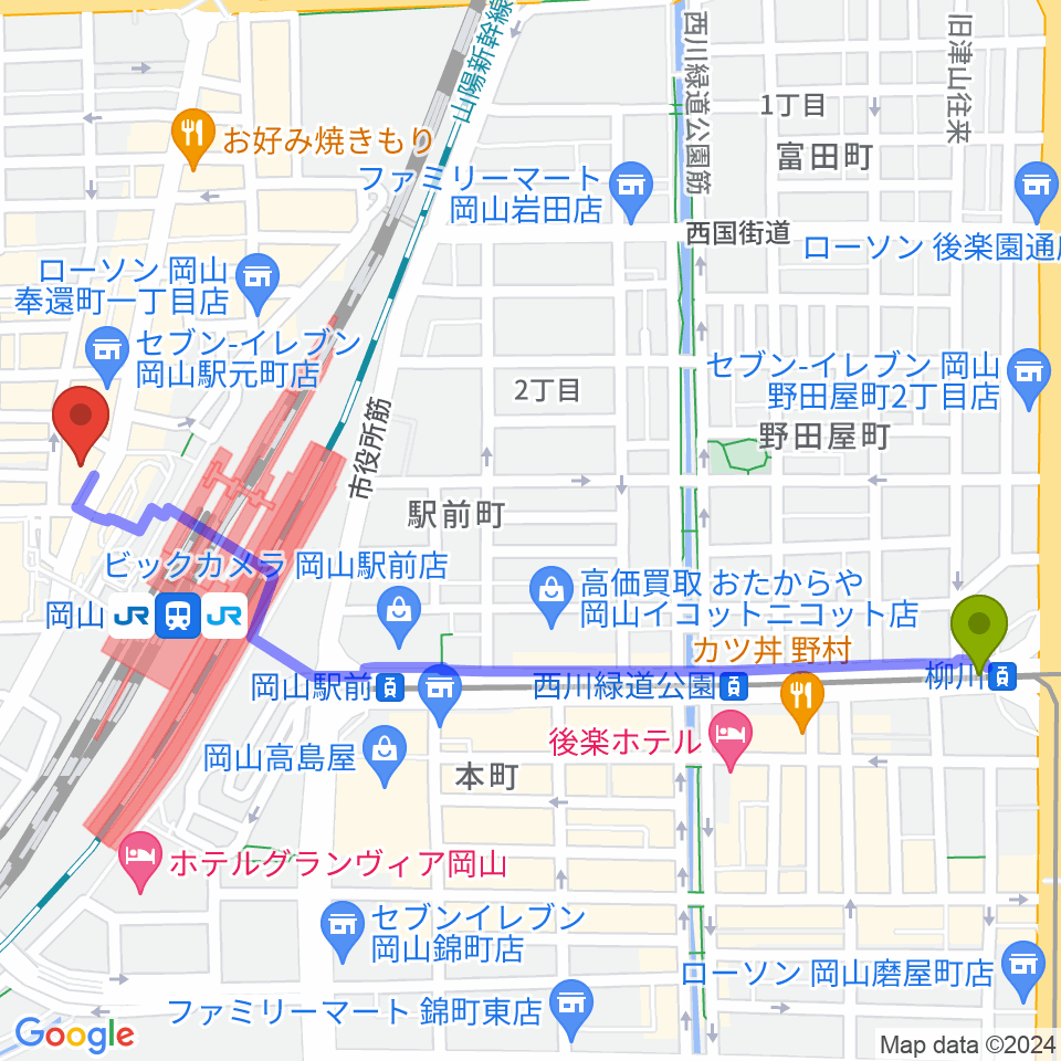柳川駅から岡山新堀ギター音楽院 へのルートマップ地図