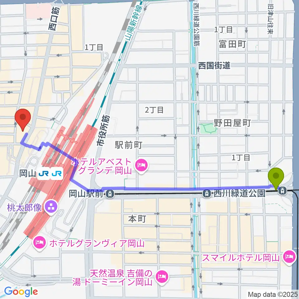 柳川駅から岡山新堀ギター音楽院 へのルートマップ地図