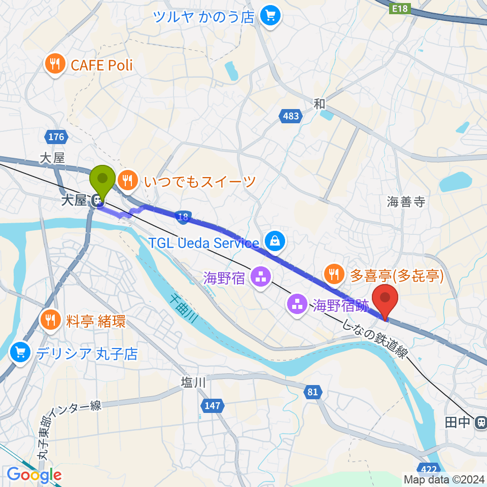 大屋駅からまんが専科ギター教室へのルートマップ地図