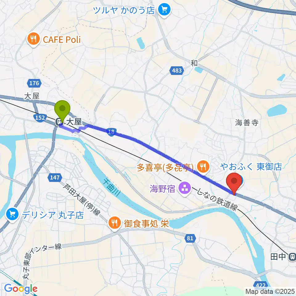 大屋駅からまんが専科ギター教室へのルートマップ地図