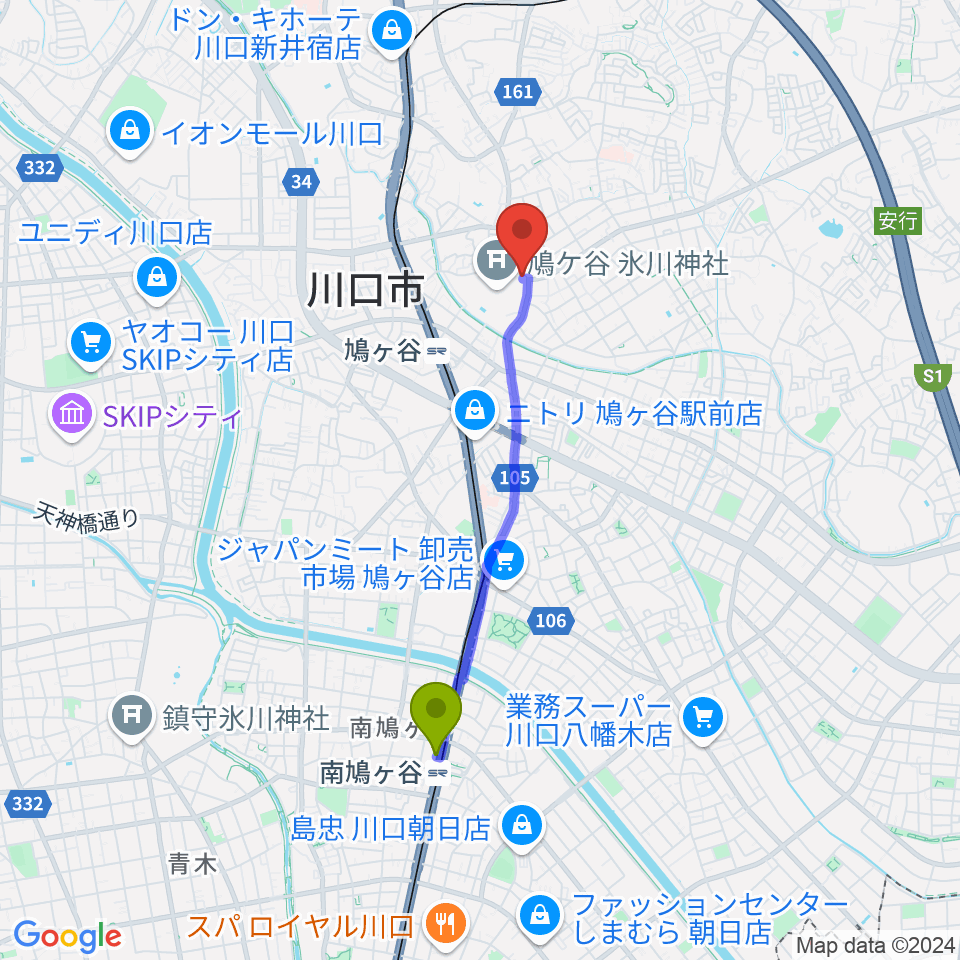 南鳩ヶ谷駅からわかば音楽教室 鳩ヶ谷本町教室へのルートマップ地図