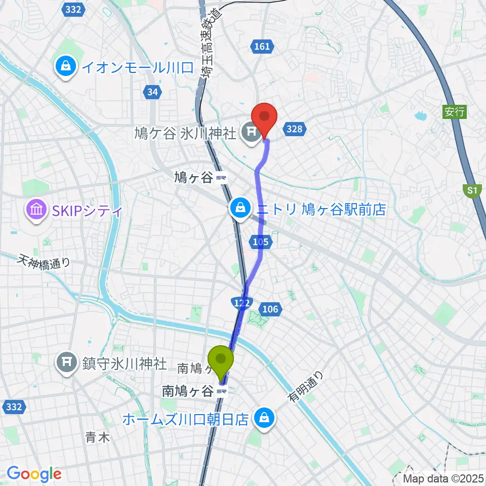 南鳩ヶ谷駅からわかば音楽教室 鳩ヶ谷本町教室へのルートマップ地図