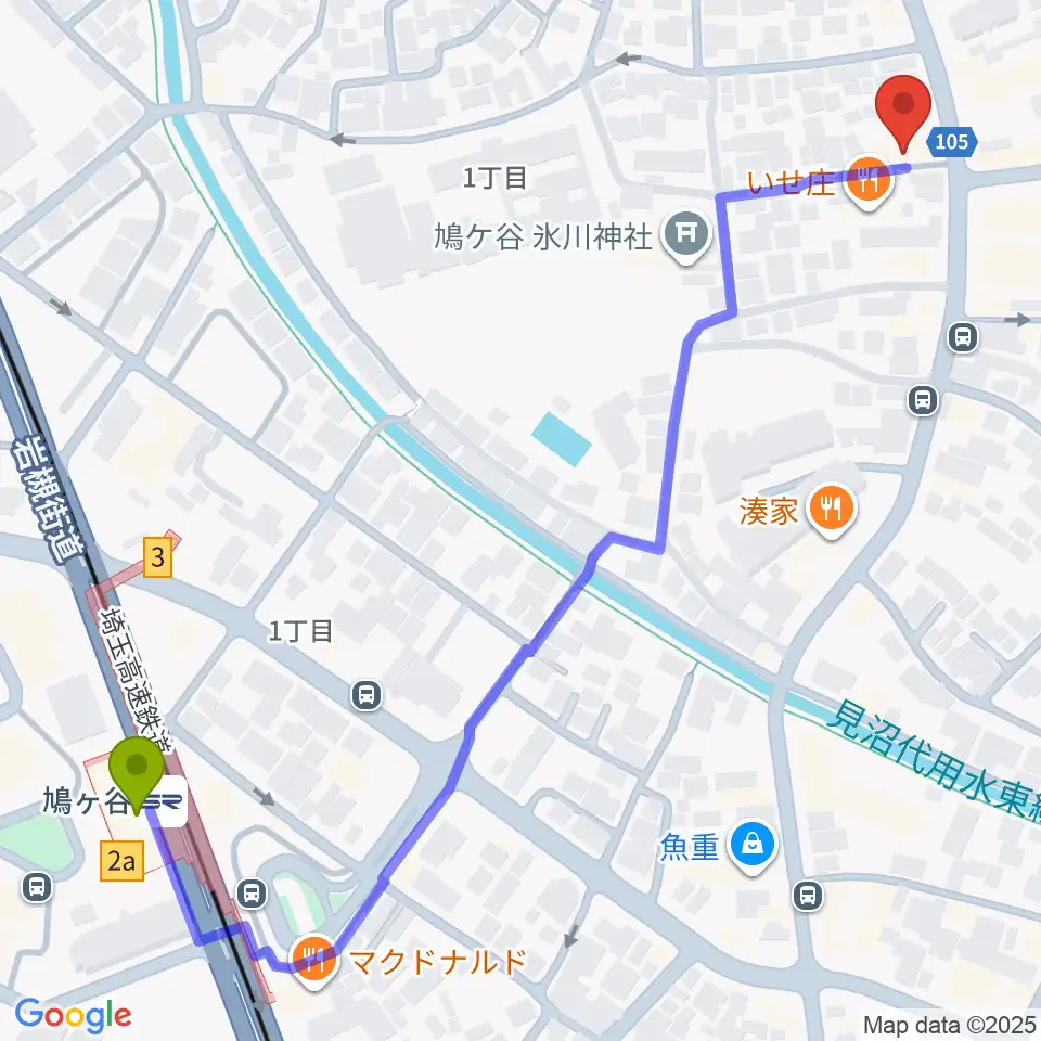わかば音楽教室 鳩ヶ谷本町教室の最寄駅鳩ヶ谷駅からの徒歩ルート（約8分）地図