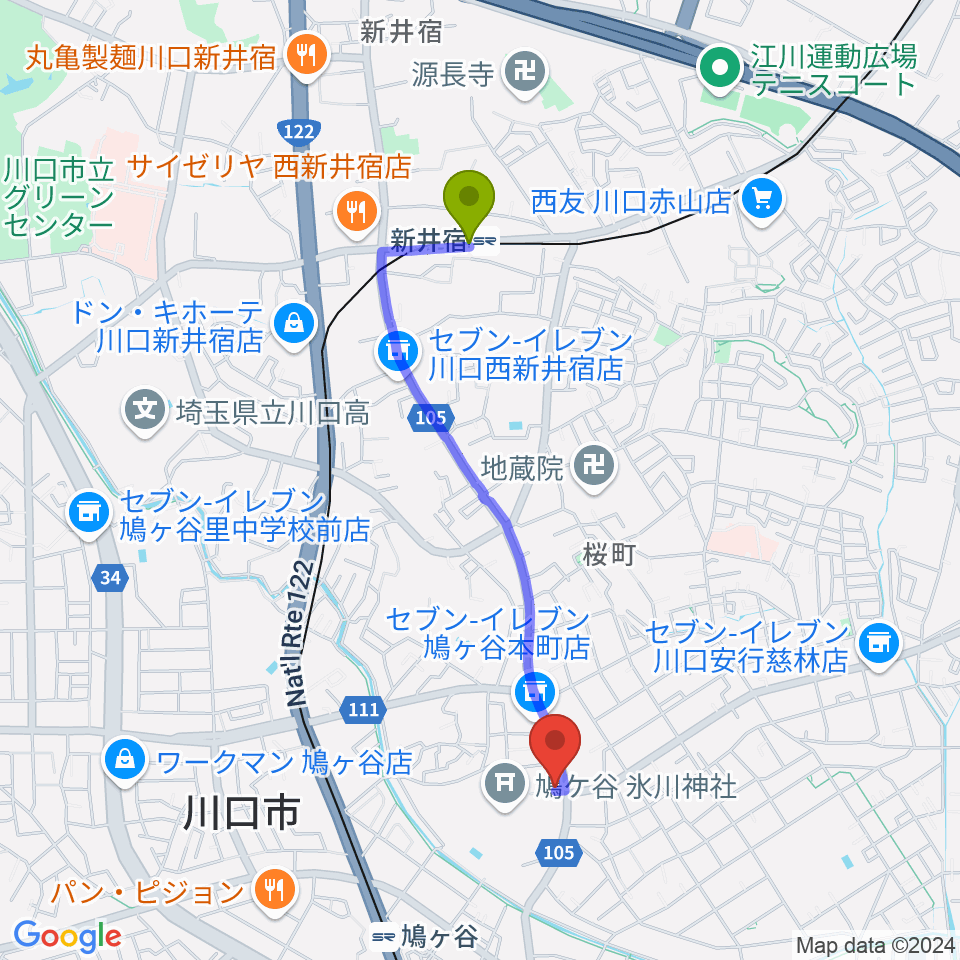 新井宿駅からわかば音楽教室 鳩ヶ谷本町教室へのルートマップ地図