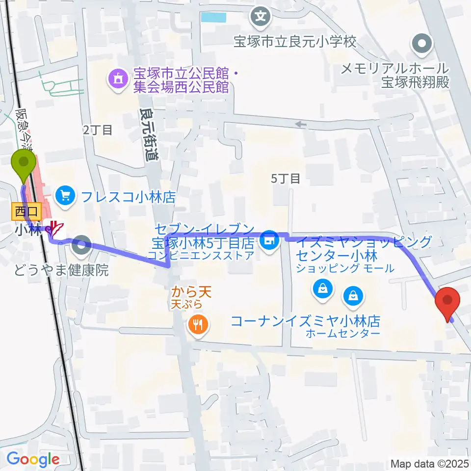 いくこフルート教室の最寄駅小林駅からの徒歩ルート（約7分）地図