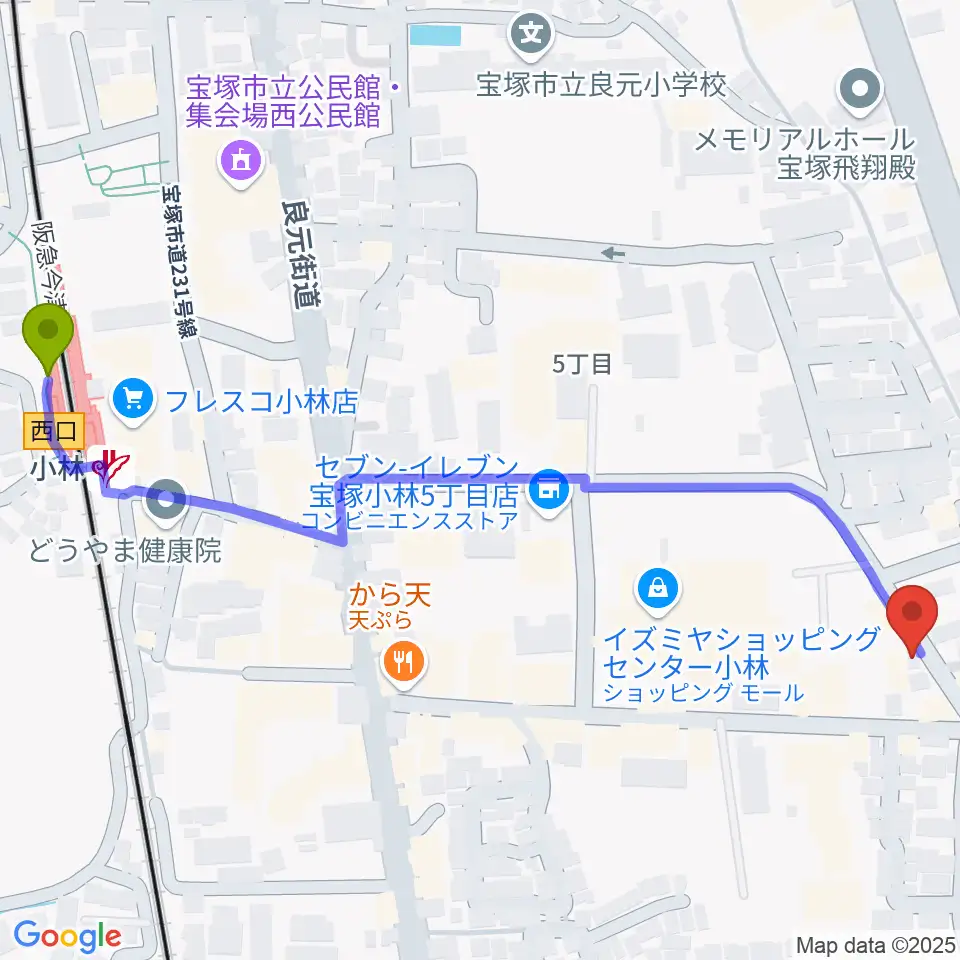 いくこフルート教室の最寄駅小林駅からの徒歩ルート（約7分）地図