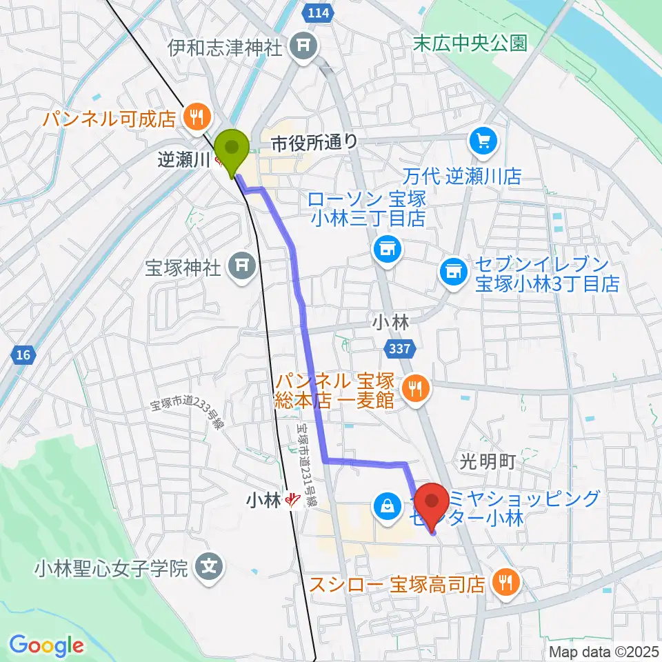 逆瀬川駅からいくこフルート教室へのルートマップ地図