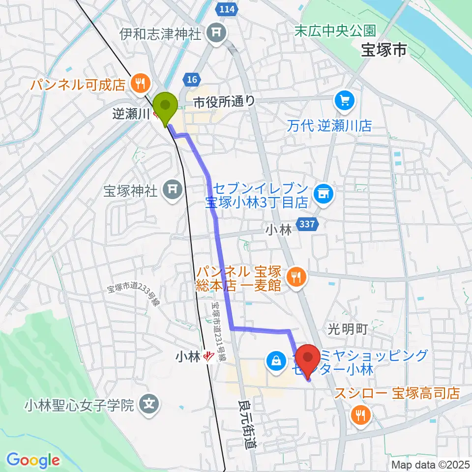 逆瀬川駅からいくこフルート教室へのルートマップ地図