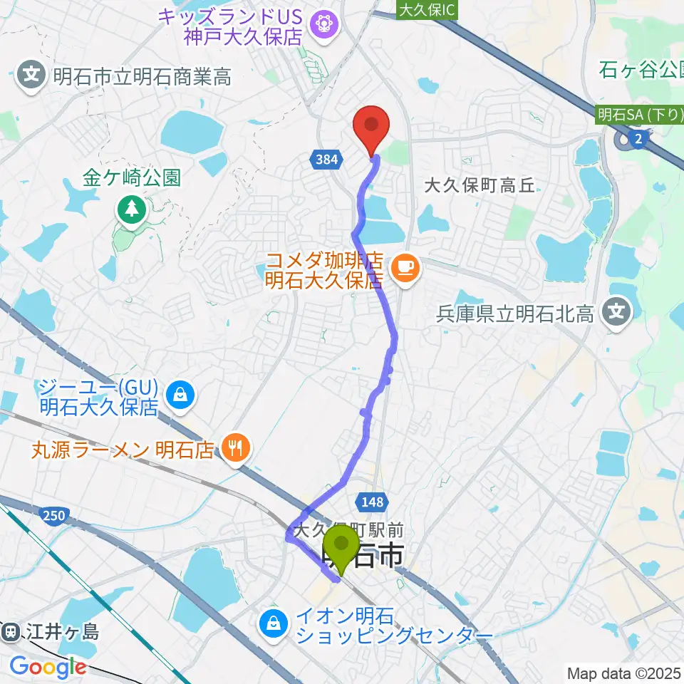 7丁目ギター教室 明石校の最寄駅大久保駅からの徒歩ルート（約38分）地図