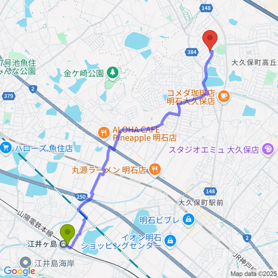 江井ヶ島駅から7丁目ギター教室 明石校へのルートマップ地図