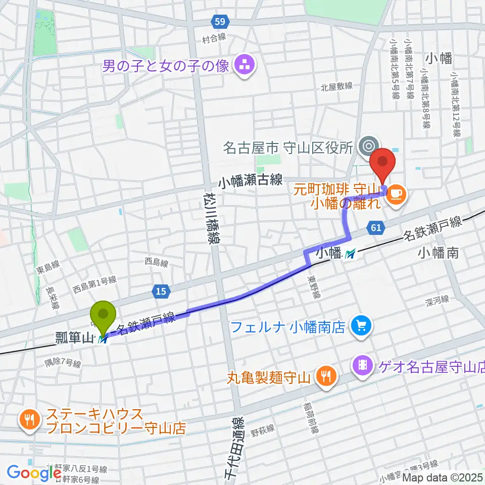 瓢箪山駅から小幡 音楽館へのルートマップ地図