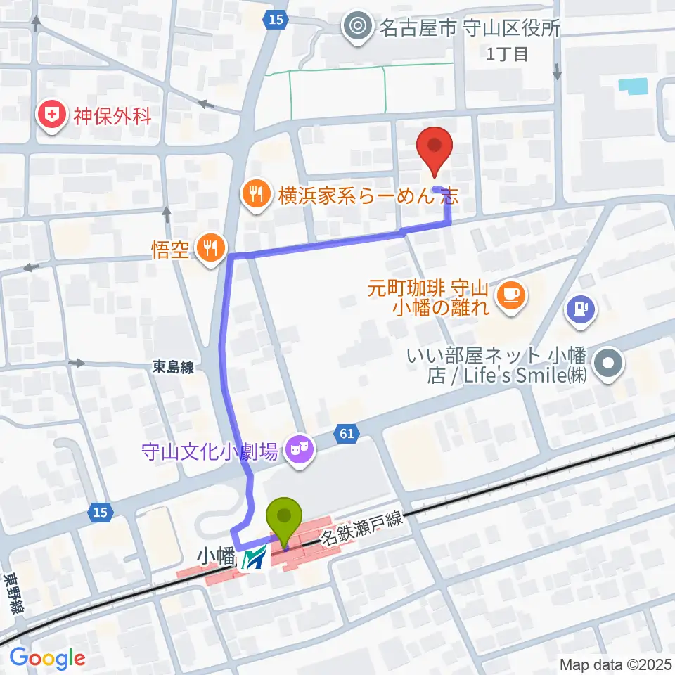 小幡 音楽館の最寄駅小幡駅からの徒歩ルート（約5分）地図