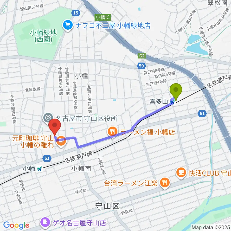喜多山駅から小幡 音楽館へのルートマップ地図