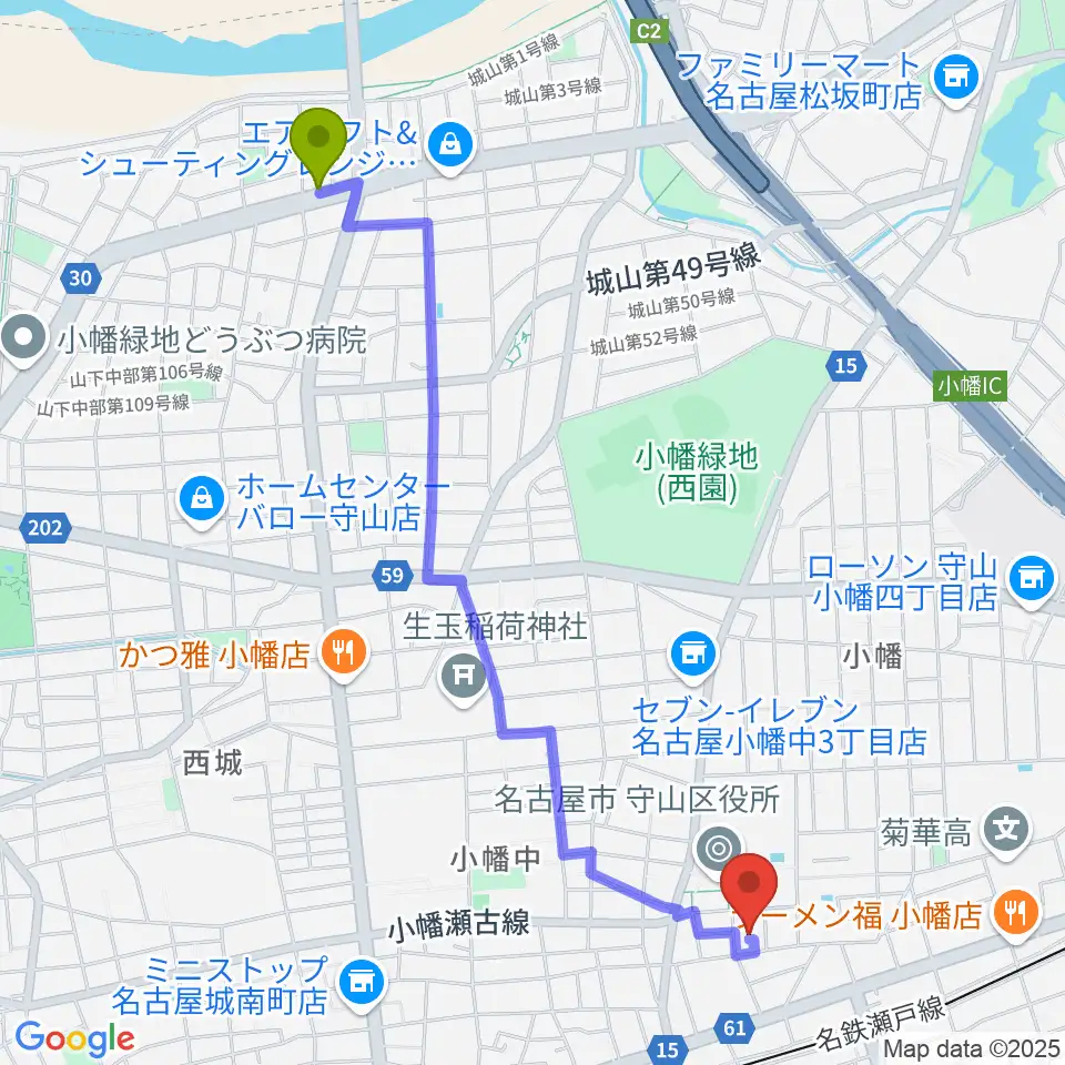 川村駅から小幡 音楽館へのルートマップ地図