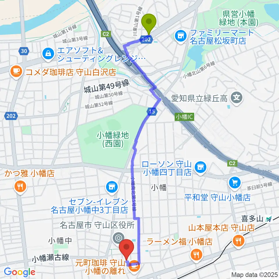 白沢渓谷駅から小幡 音楽館へのルートマップ地図