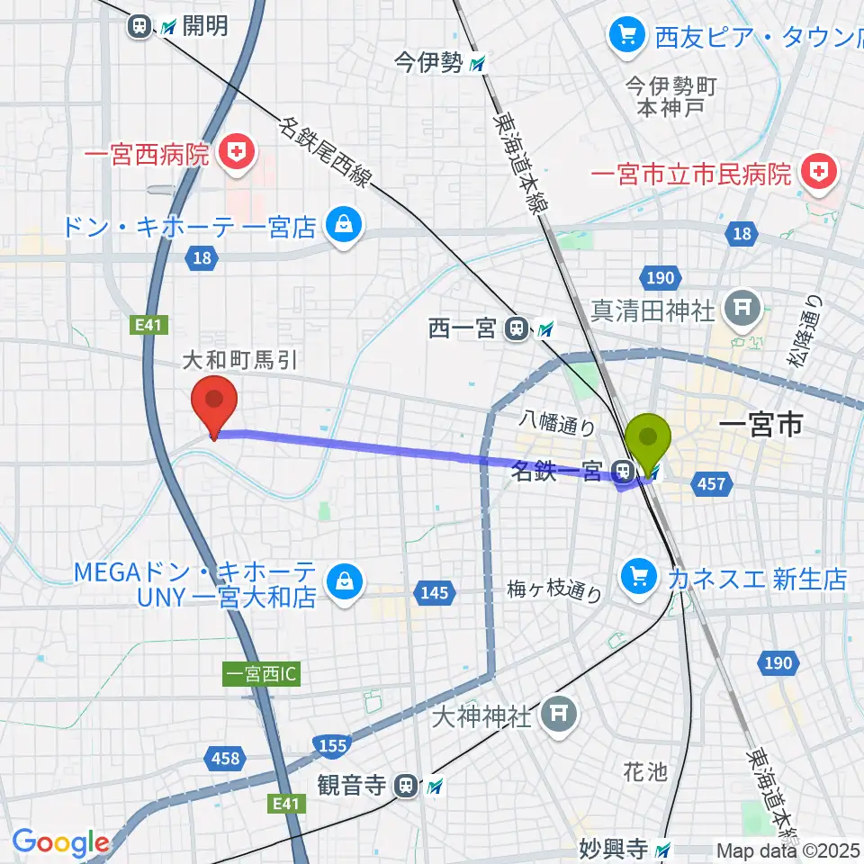 尾張一宮駅からハセガワ楽器 メロディースクールへのルートマップ地図