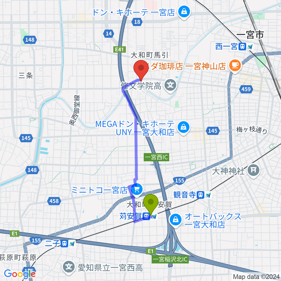 苅安賀駅からハセガワ楽器 メロディースクールへのルートマップ地図