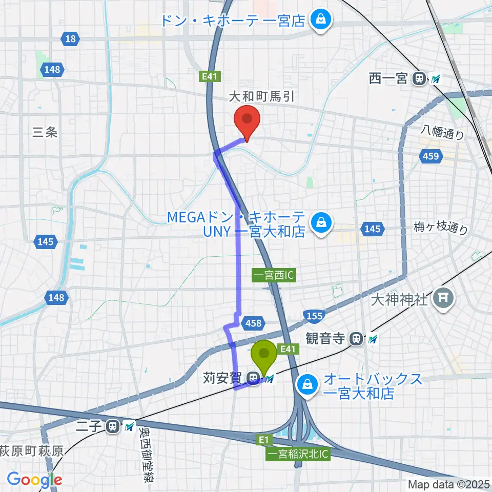 苅安賀駅からハセガワ楽器 メロディースクールへのルートマップ地図