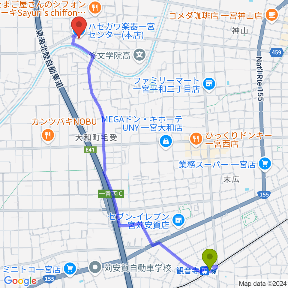 観音寺駅からハセガワ楽器 メロディースクールへのルートマップ地図