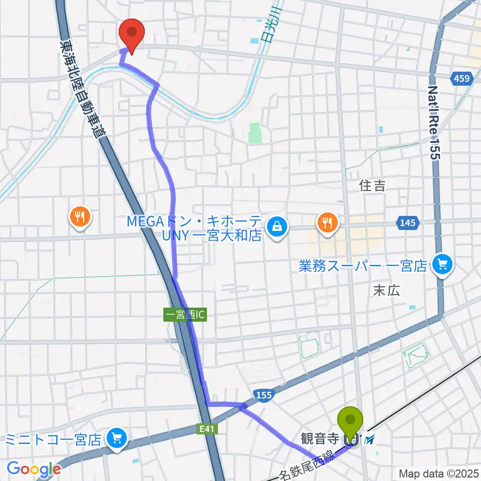 観音寺駅からハセガワ楽器 メロディースクールへのルートマップ地図