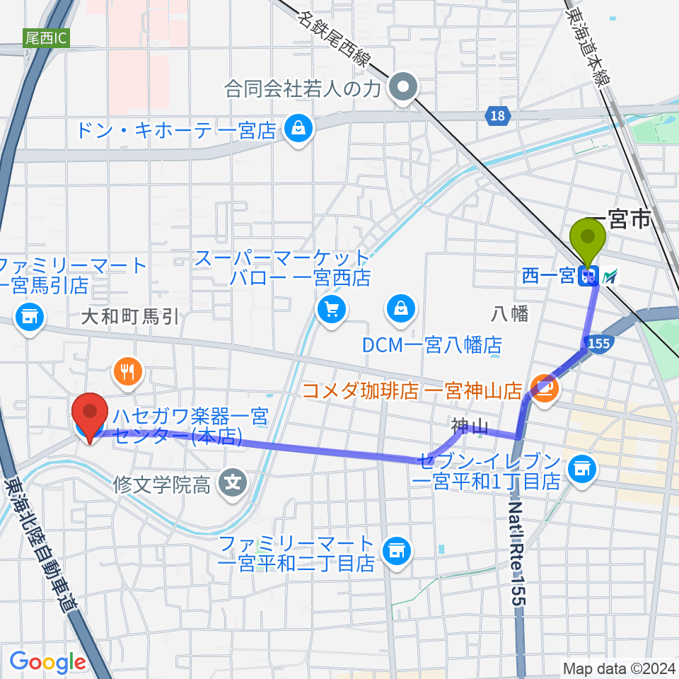 ハセガワ楽器 メロディースクールの最寄駅西一宮駅からの徒歩ルート（約24分）地図