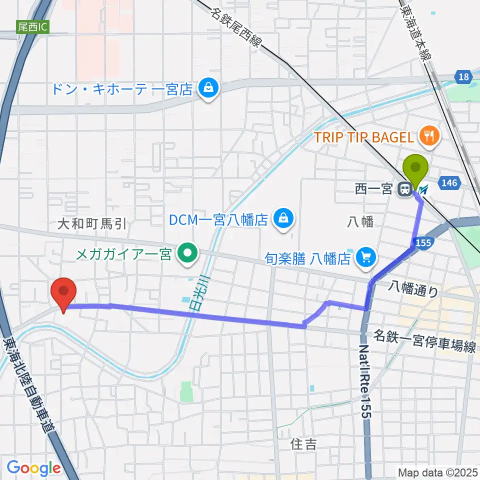 ハセガワ楽器 メロディースクールの最寄駅西一宮駅からの徒歩ルート（約24分）地図
