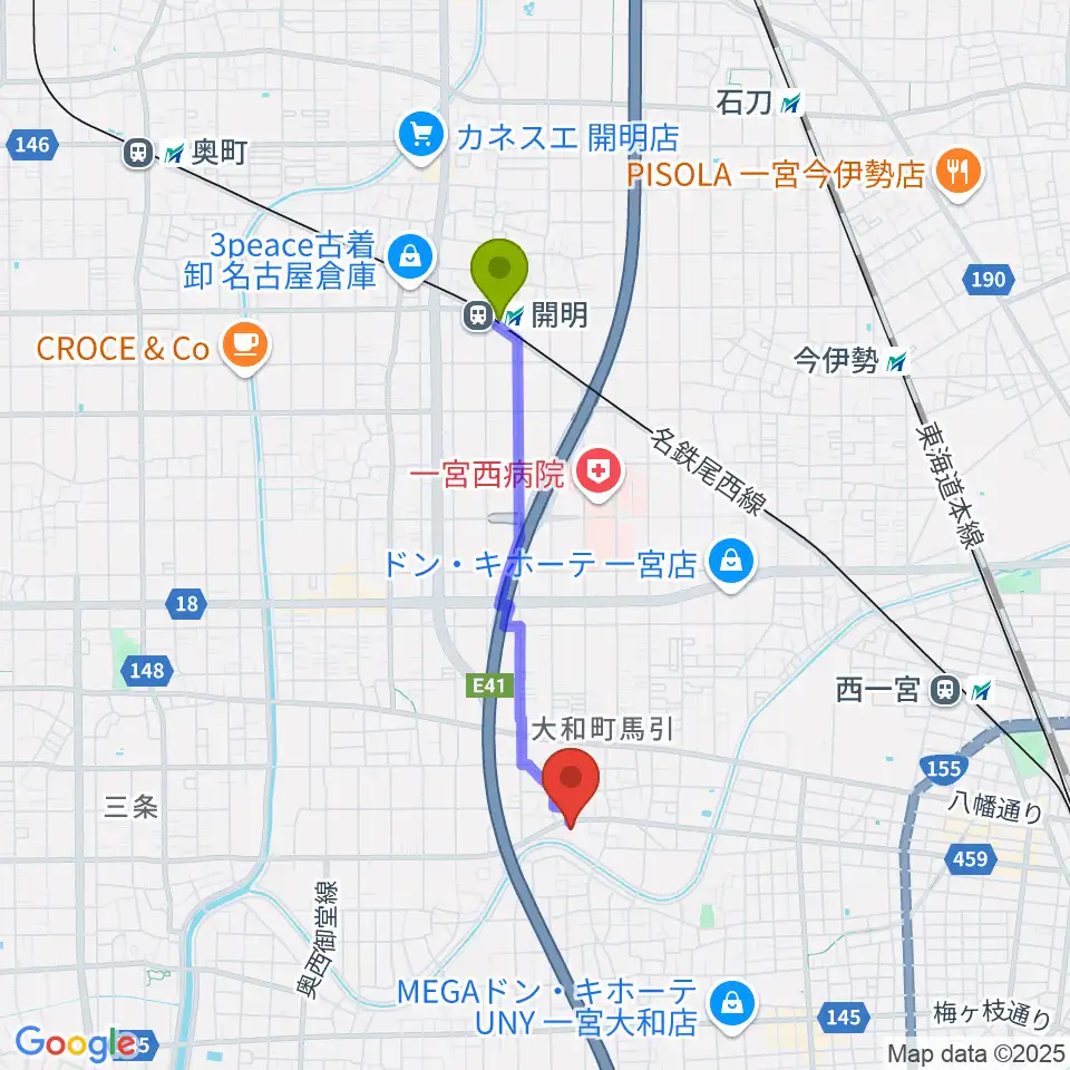 開明駅からハセガワ楽器 メロディースクールへのルートマップ地図
