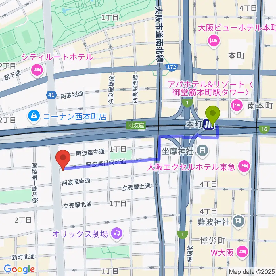 プラスエムレッスンの最寄駅本町駅からの徒歩ルート（約9分）地図