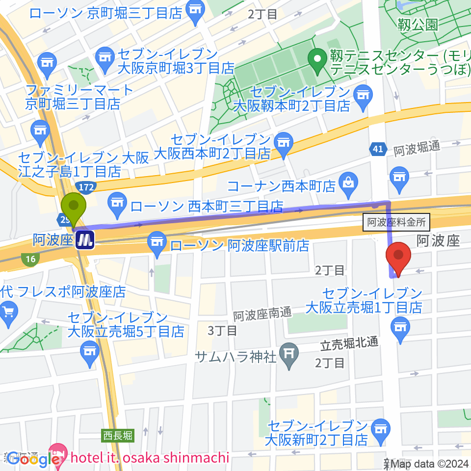 阿波座駅からプラスエムレッスンへのルートマップ地図