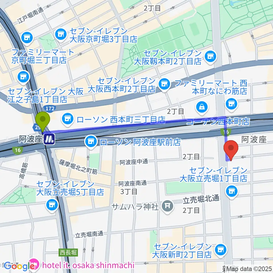 阿波座駅からプラスエムレッスンへのルートマップ地図