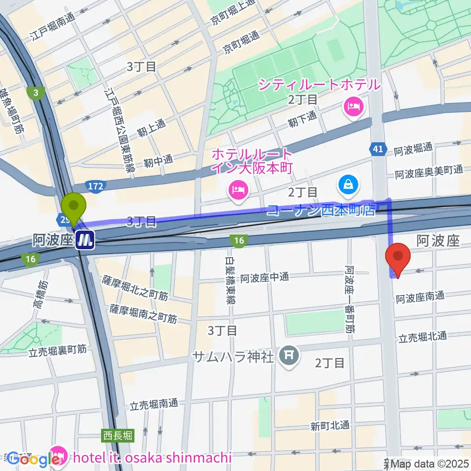 阿波座駅からプラスエムレッスンへのルートマップ地図