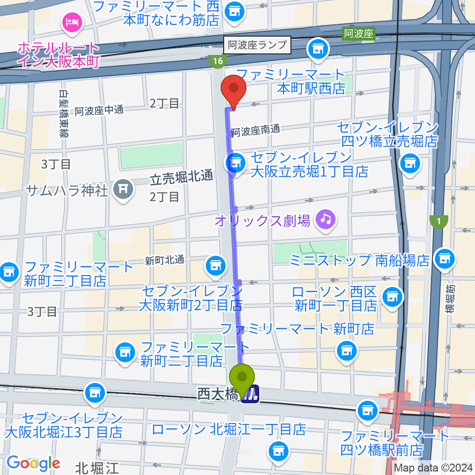 西大橋駅からプラスエムレッスンへのルートマップ地図