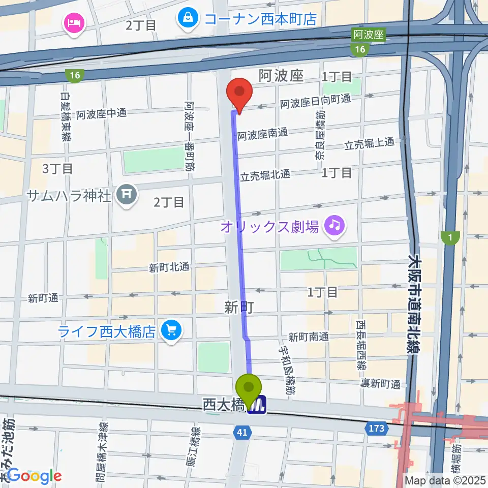 西大橋駅からプラスエムレッスンへのルートマップ地図