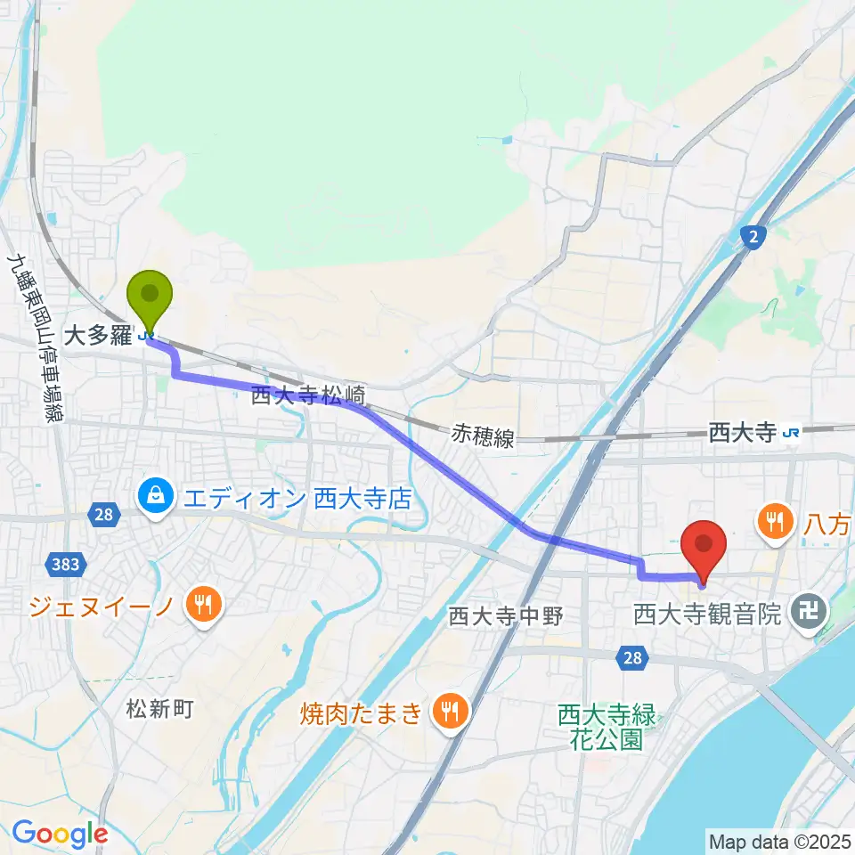 大多羅駅から大森ピアノ教室へのルートマップ地図