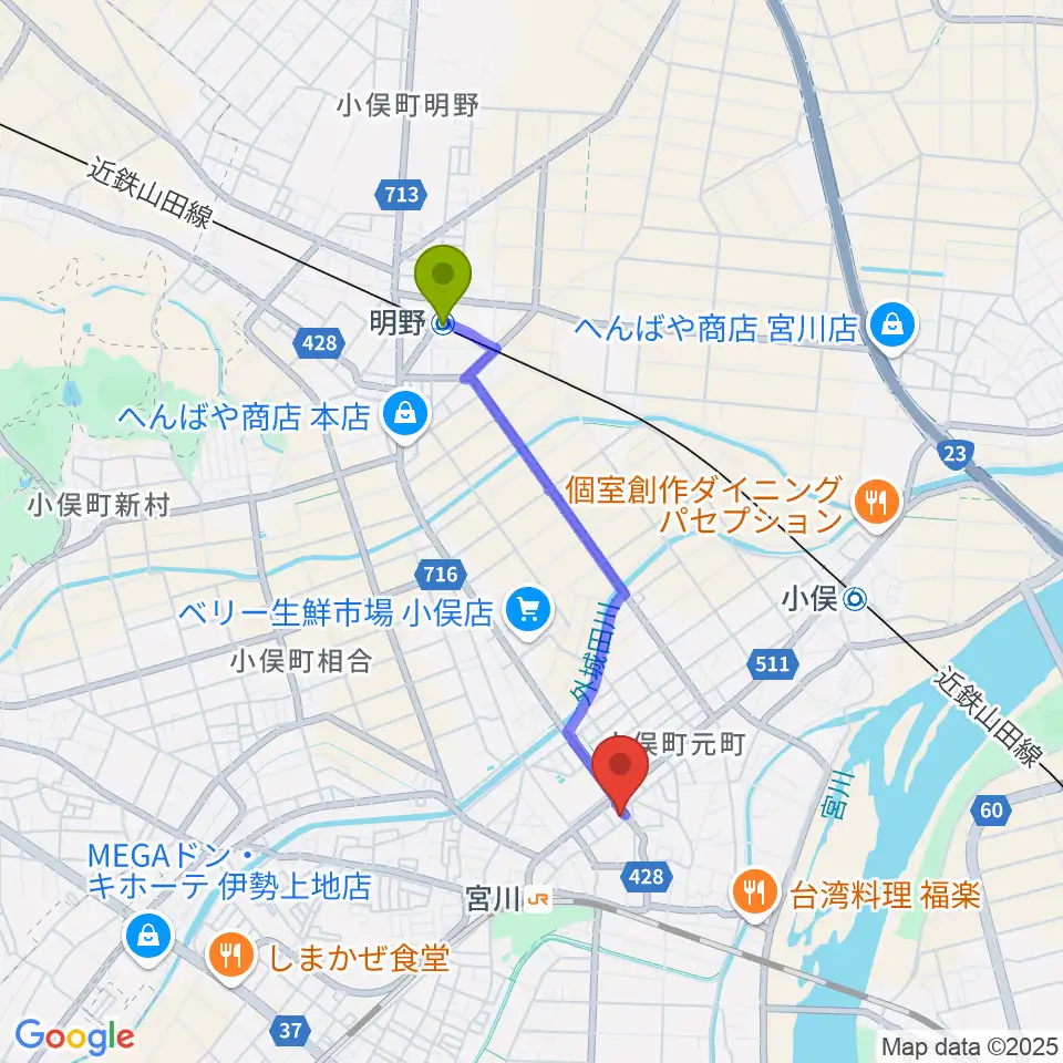 明野駅からウィーン音楽教室へのルートマップ地図
