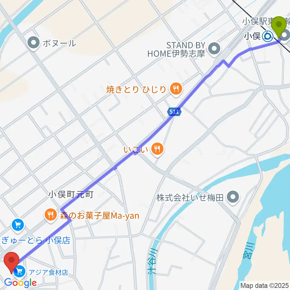 小俣駅からウィーン音楽教室へのルートマップ地図