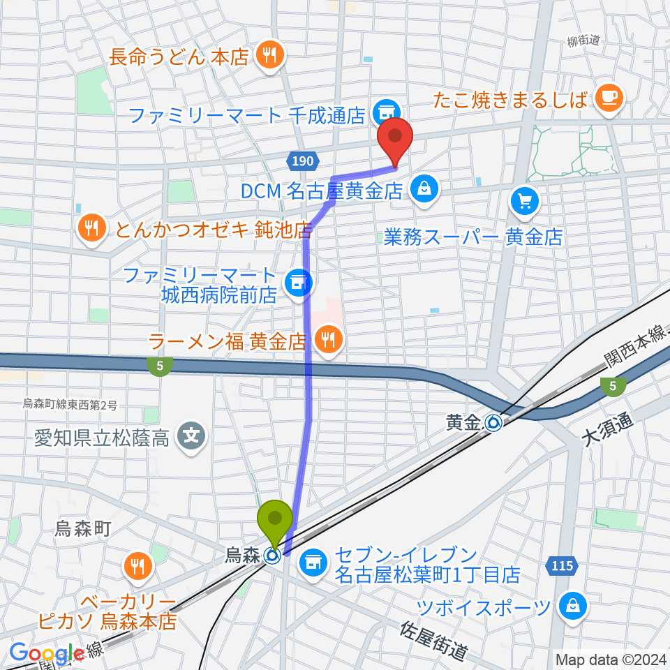 烏森駅から山口ギター音楽院へのルートマップ地図