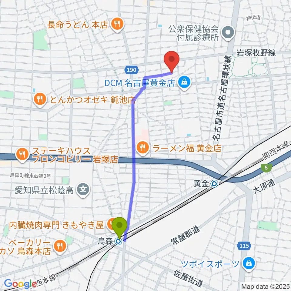 烏森駅から山口ギター音楽院へのルートマップ地図