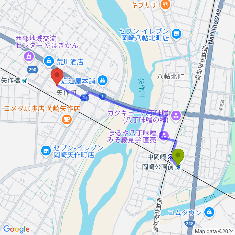 岡崎公園前駅からパピーミュージックスクール岡崎矢作教室へのルートマップ地図